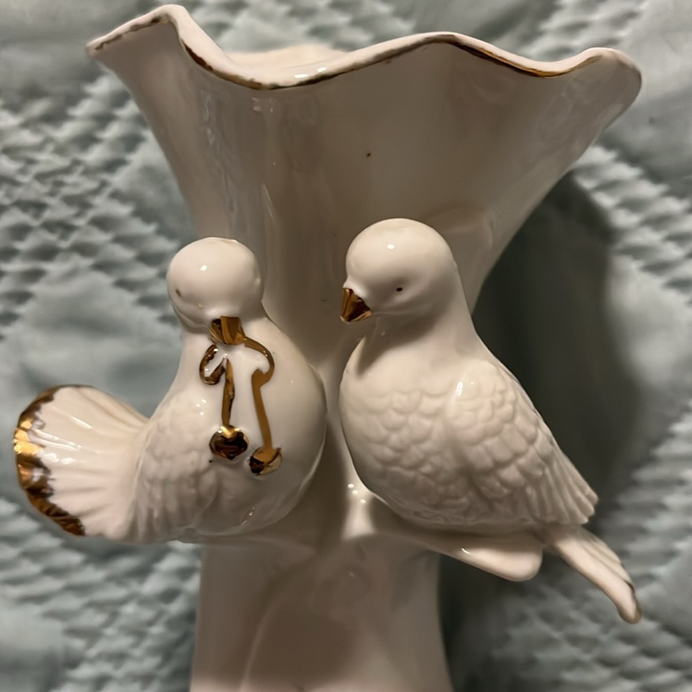 White Ceramic Dove Vase with Gold Accents